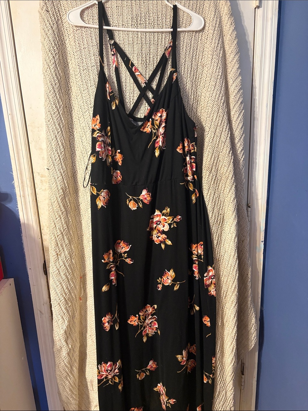 nine britton Black Floral Maxi Dress with Crisscross Straps